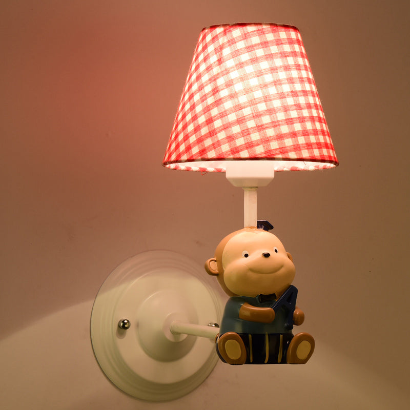 Cone Kids Bedside Wall Mounted Light Fabric 1 Light Cartoon Sconce Ideas in Blue/Red with Little Bear Decor