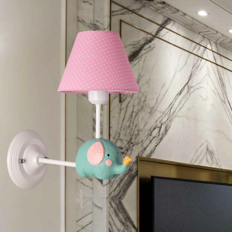 Right Angle Child Bedroom Wall Lamp Iron 1-Light Kids Sconce Light Fixture with Pink/Blue Shade and Cute Elephant Decor
