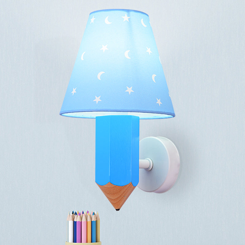 Kids Pencil Wooden Wall Light Fixture Single-Bulb Sconce Ideas with Conic Lamp Shade in Blue
