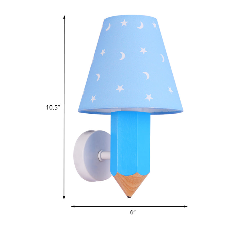 Luz de madera para niños Luz de pared de madera ideas de apliques de una sola bombilla con sombra de lámpara cónica en azul
