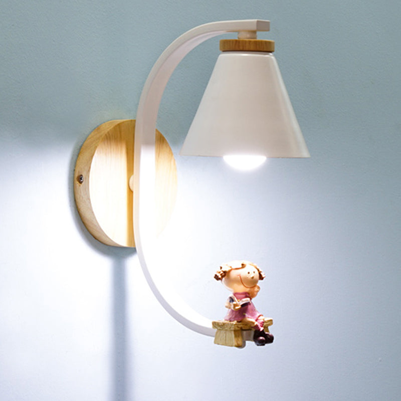 Tapered Iron Wall Mount  Lamp Cartoon 1 Light Pink/Blue and Wood Sconce Light with Moon/Portrait Decor