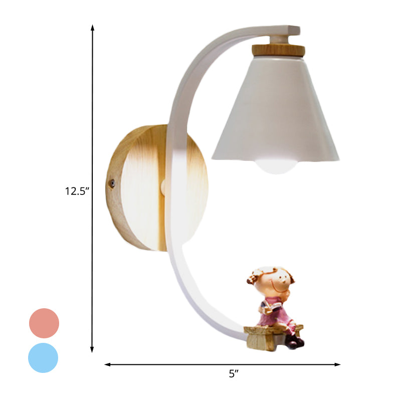 Tapered Iron Wall Mount  Lamp Cartoon 1 Light Pink/Blue and Wood Sconce Light with Moon/Portrait Decor