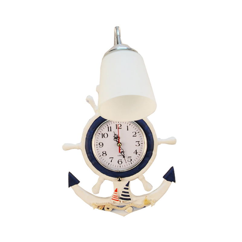 Kids 1 Bulb Sconce Lighting Wood White-Blue Flexible Gooseneck Wall Light with Glass Shade and Clock-Rudder Decoration
