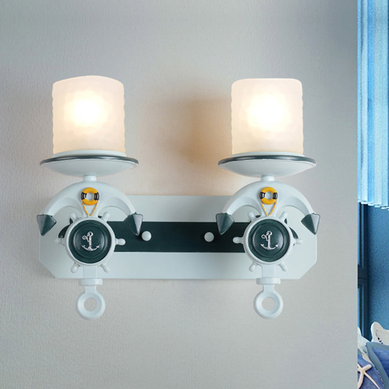 Opal Glass Cylinder Sconce Fixture Kids 1/2-Bulb Water Blue Wall Mounted Lamp with Anchor Shaped Arm