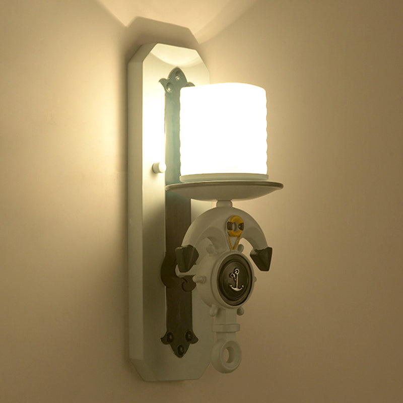 Opal Glass Cylinder Sconce Fixture Kids 1/2-Bulb Water Blue Wall Mounted Lamp with Anchor Shaped Arm