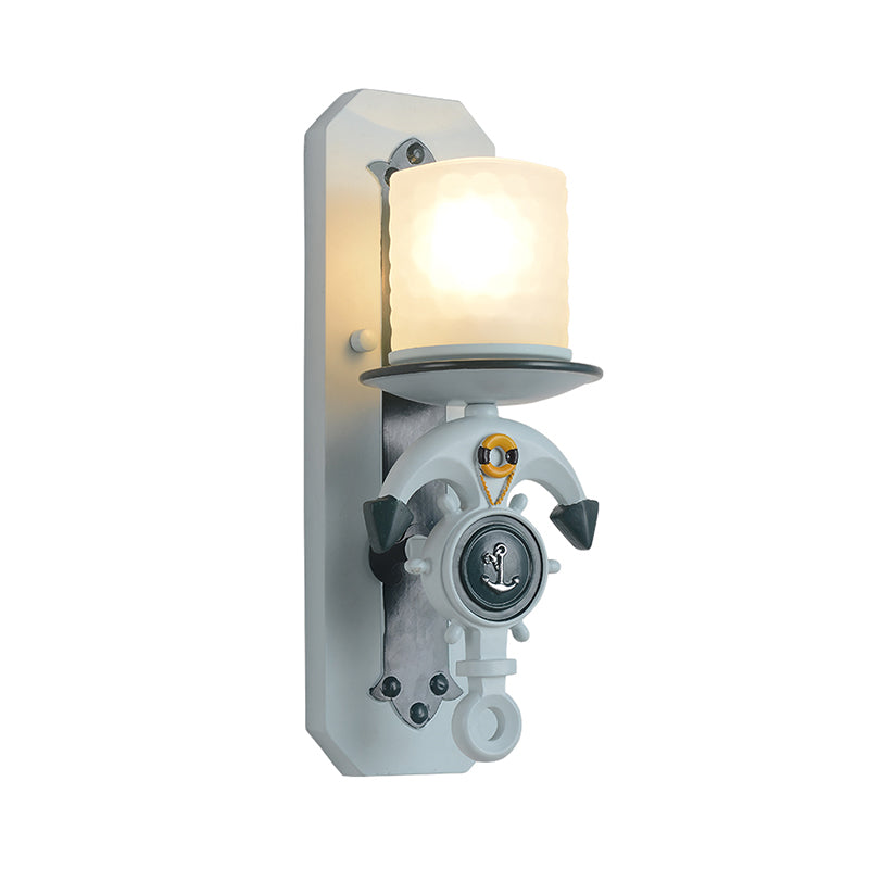 Opal Glass Cylinder Sconce Fixture Kids 1/2-Bulb Water Blue Wall Mounted Lamp with Anchor Shaped Arm