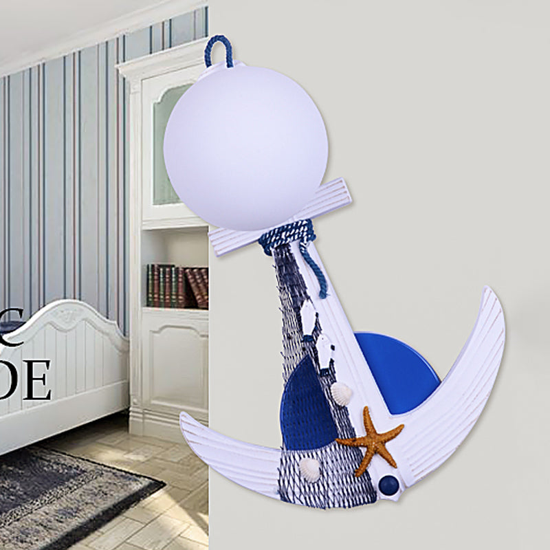 Anchor Sconce Light Fixture Kids Wood Single White-Blue Wall Lighting with Globule Glass Shade and Beach Detail