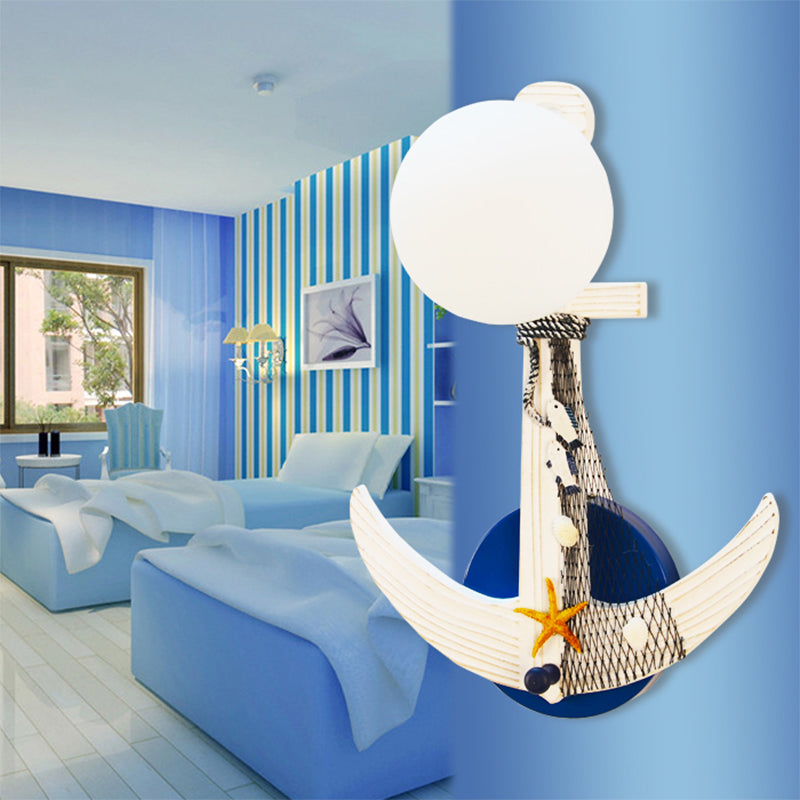 Anchor Splante Ligero de lámpara para niños Iluminación de pared blue blue blanca individual con sombra de vidrio glóbulo y detalle de playa