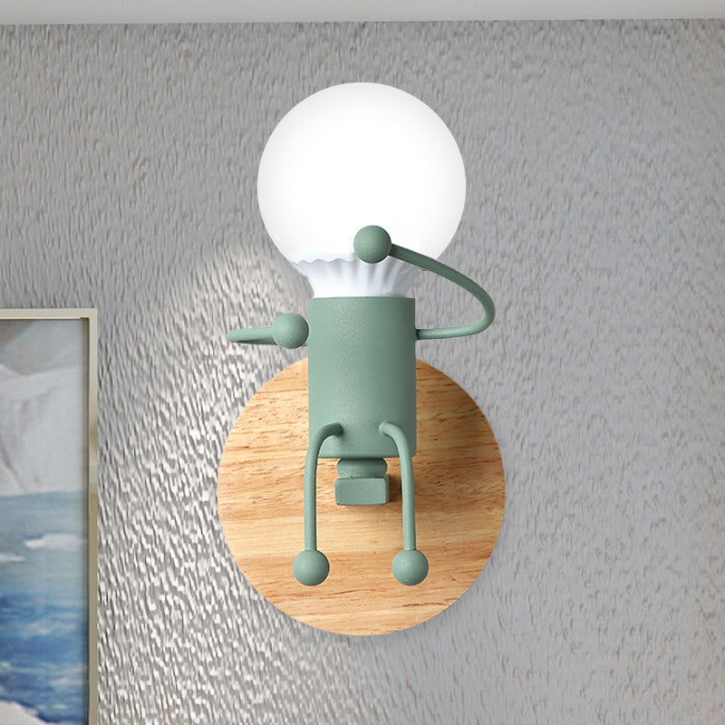 Naked Bulb Small Wall Lighting Creative Iron Single Kids Bedside Sconce Light with Robot Design Lamp Socket in Grey/Green/White