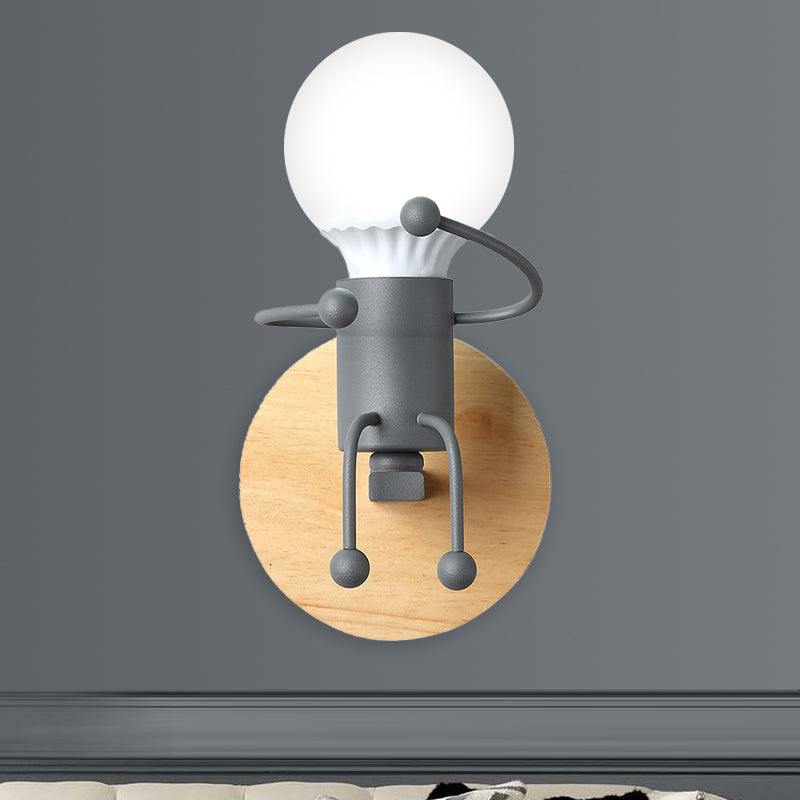 Naked Bulb Small Wall Lighting Creative Iron Single Kids Bedside Sconce Light with Robot Design Lamp Socket in Grey/Green/White