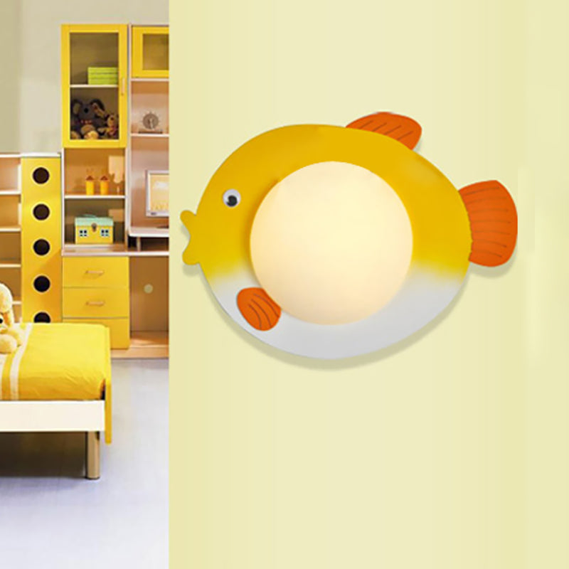 Mini esfera de vidrio blanca esmerilado niños Azules azul/amarillo Luz de la pared LED Lights con placa trasera de pescado, luz cálida/blanca