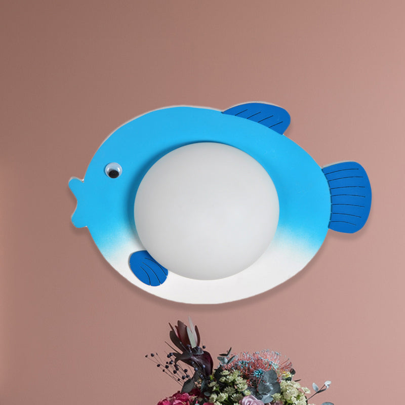Frosted White Glass Mini Sphere Sconce Kids Blue/Yellow LED Wall Light Fixture with Fish Backplate, Warm/White Light