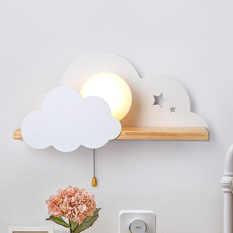 Globule Pull-Chain Wall Light Macaron Opal Frosted Glass Single Pink/Grey/White Sconce Ideas with Cloud Design and Wood Shelf