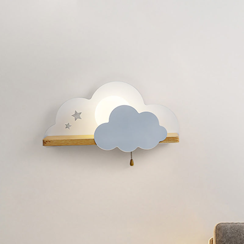 Globule Pull-Chain Wall Light Macaron Opal Frosted Glass Single Pink/Grey/White Sconce Ideas with Cloud Design and Wood Shelf