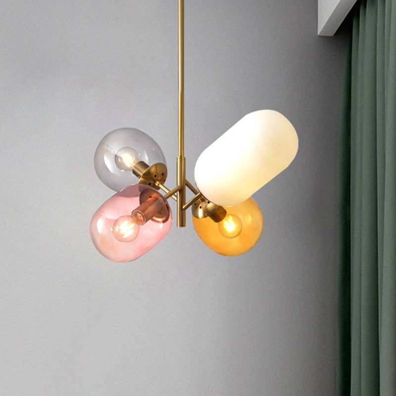 Goldene elliptische hängende Kronleuchter einfache 4 Lampen mehrfarbige Glasanhängerlampe für Esszimmer