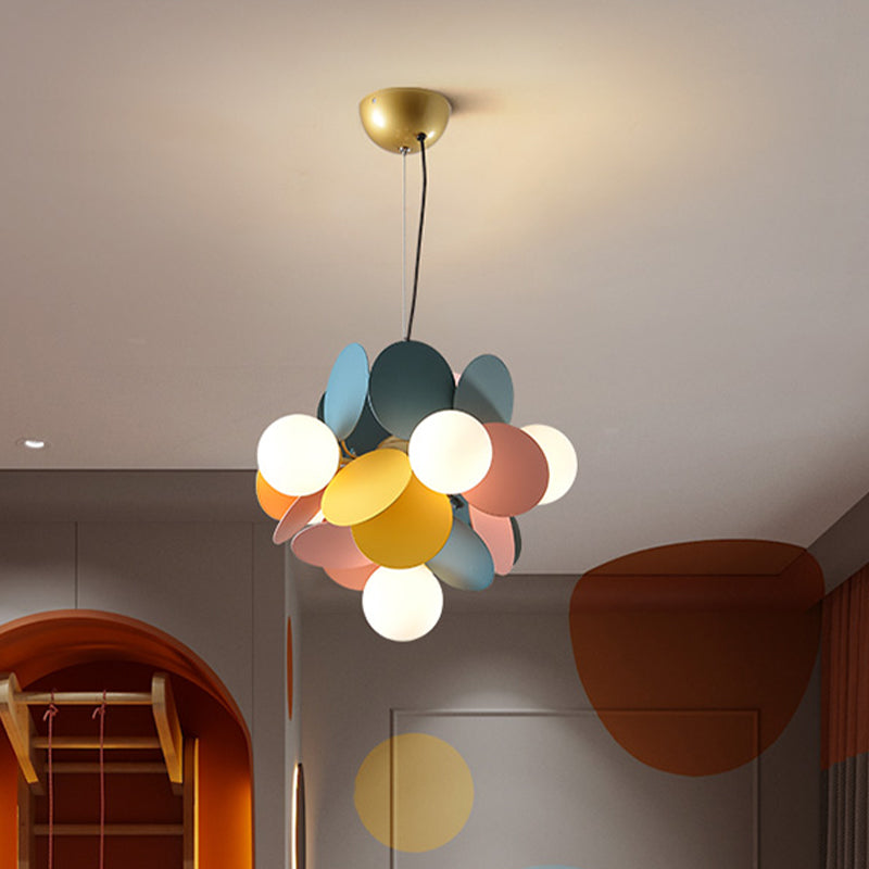 Modern Orb Ceiling Chandelier Cream Glass 6 Heads Bedroom Hanging Light Fixture in Green-Yellow-Pink