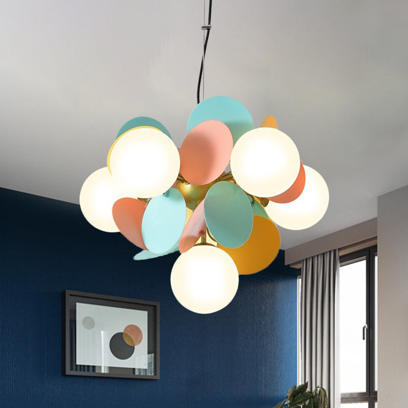 Modern Orb Ceiling Chandelier Cream Glass 6 Heads Bedroom Hanging Light Fixture in Green-Yellow-Pink