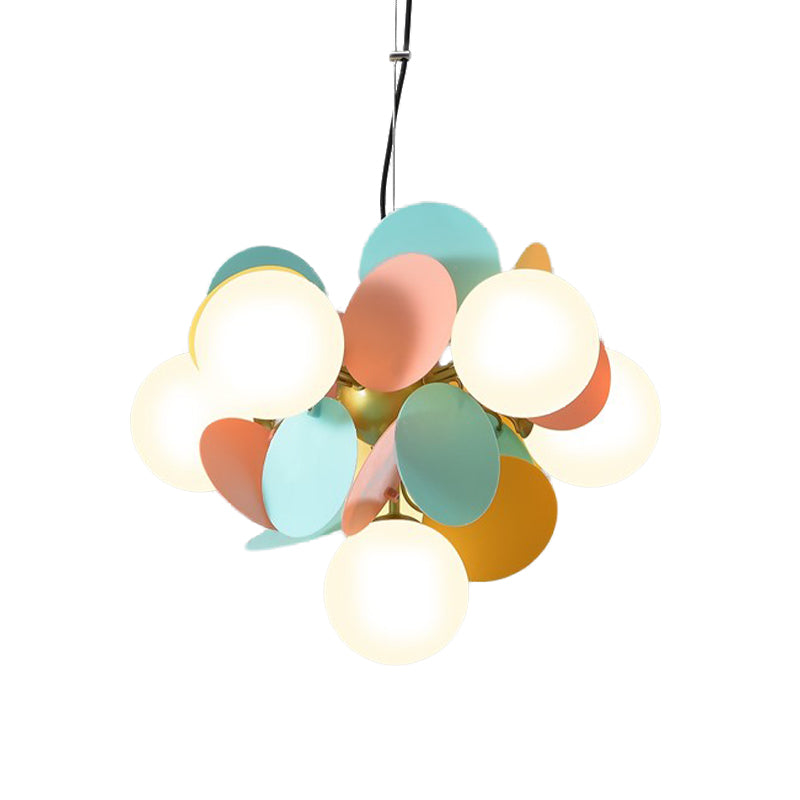 Modern Orb Ceiling Chandelier Cream Glass 6 Heads Bedroom Hanging Light Fixture in Green-Yellow-Pink