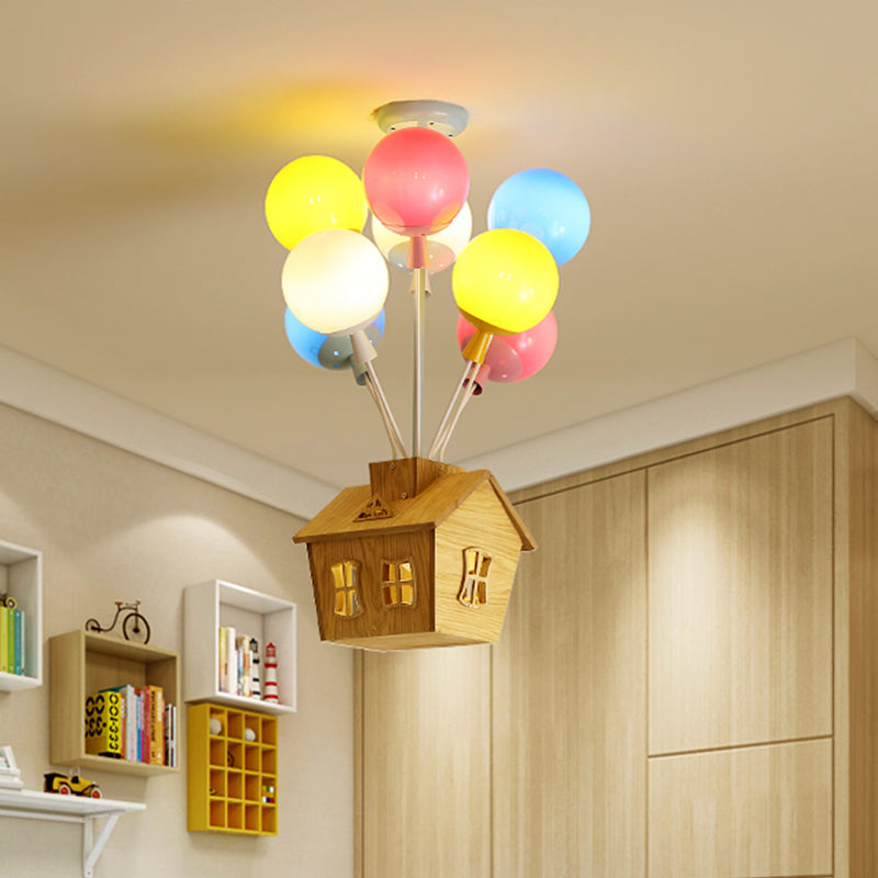 Semi-plafonnier pour chambre d'enfant, ballon en verre bleu-rose-jaune, 6 lumières, plafonnier pour enfants avec maison en bois