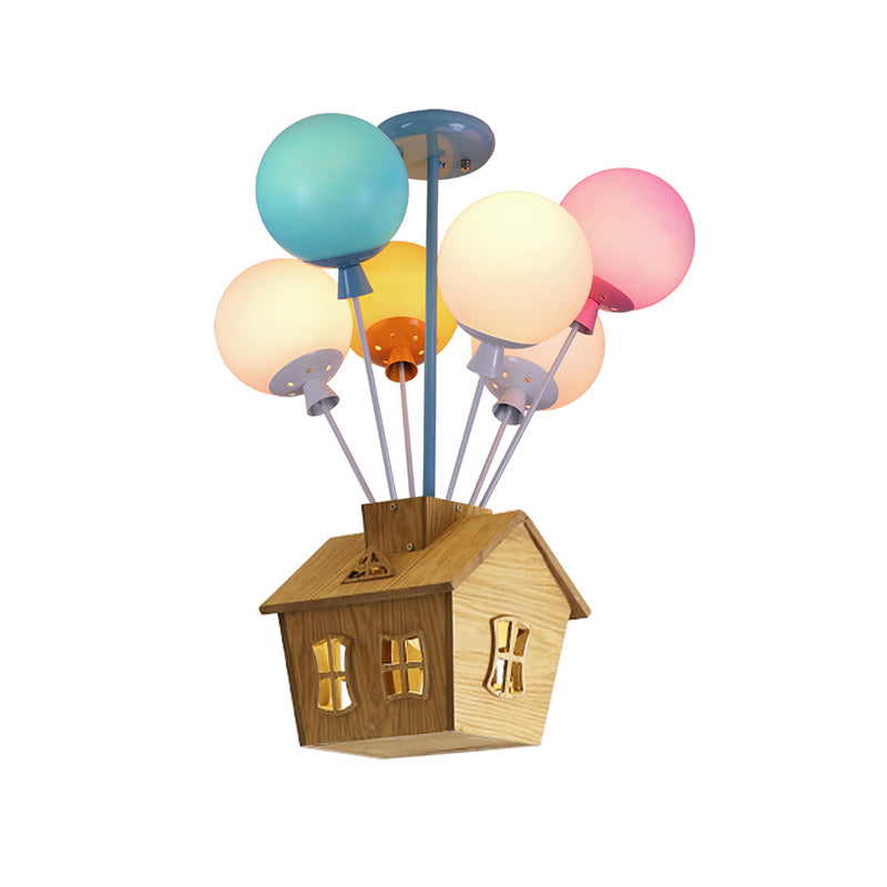Semi-plafonnier pour chambre d'enfant, ballon en verre bleu-rose-jaune, 6 lumières, plafonnier pour enfants avec maison en bois