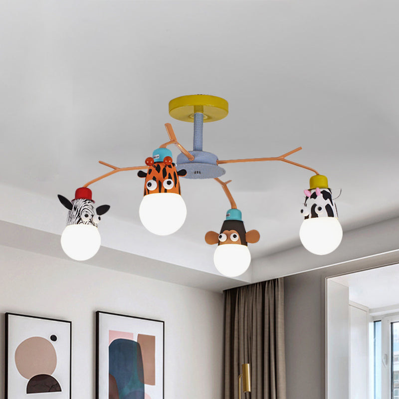 White Glass Animal Ceiling Light Kids 4 Bulbs Yellow Semi Flush Mount Lighting for Nursery