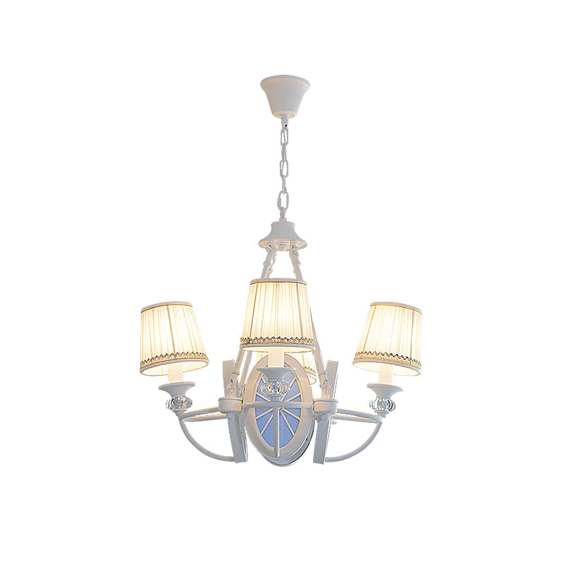 White Bucket Chandelier Lamp Mediterranean 4 Lights Fabric Drop Pendant with Oval Resin Design