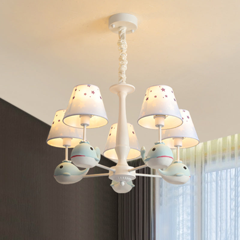 Kids Whale Resin Chandelier Lighting 5 Bulbs Pendant Ceiling Light in Blue with Conical Fabric Shade