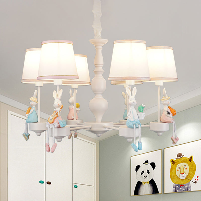Cartoon Rabbit Resin Pendant Chandelier Kids 5-Head White Hanging Lamp with Tapered Fabric Shade