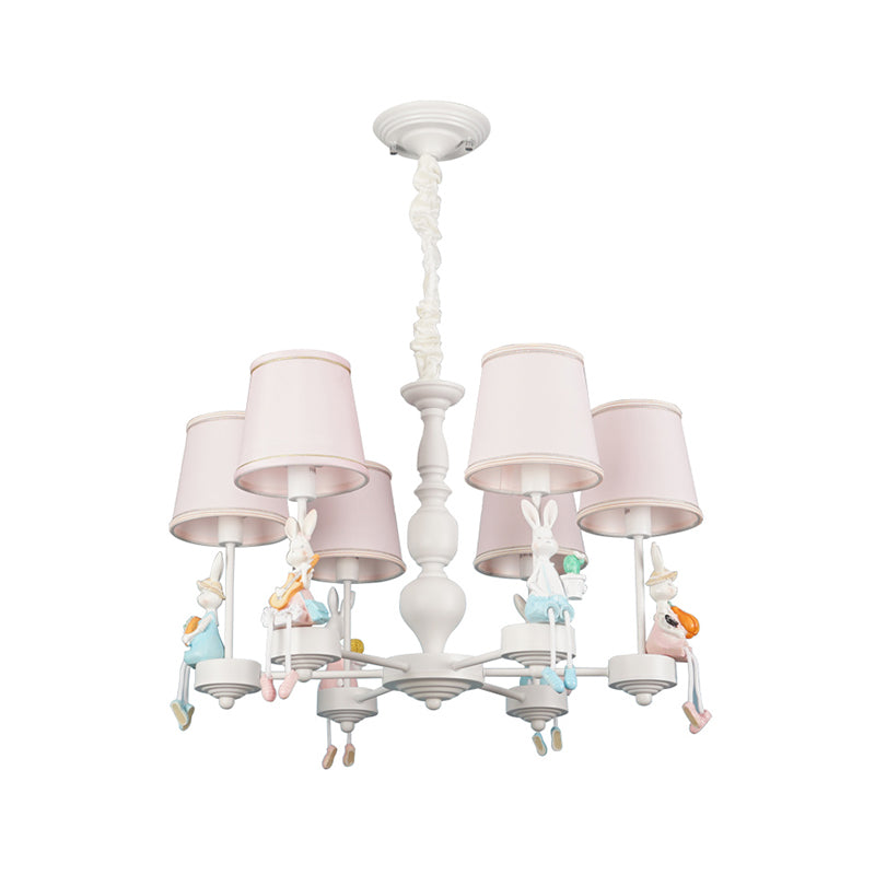 Cartoon Rabbit Resin Pendant Chandelier Kids 5-Head White Hanging Lamp with Tapered Fabric Shade