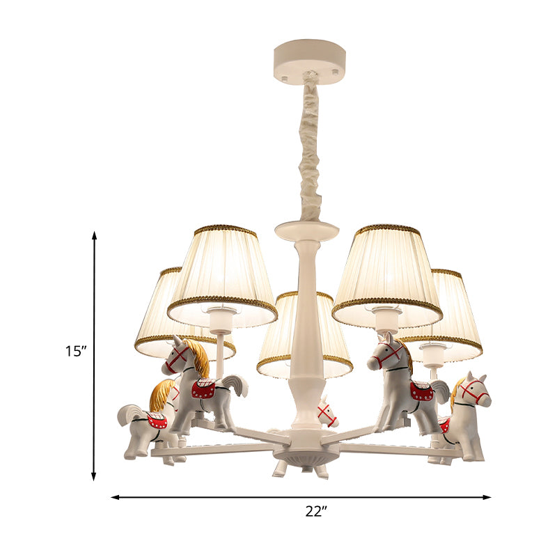 Fabric Pleated Shade Hanging Chandelier Kids 5-Light Beige Suspension Light with Carousel Design