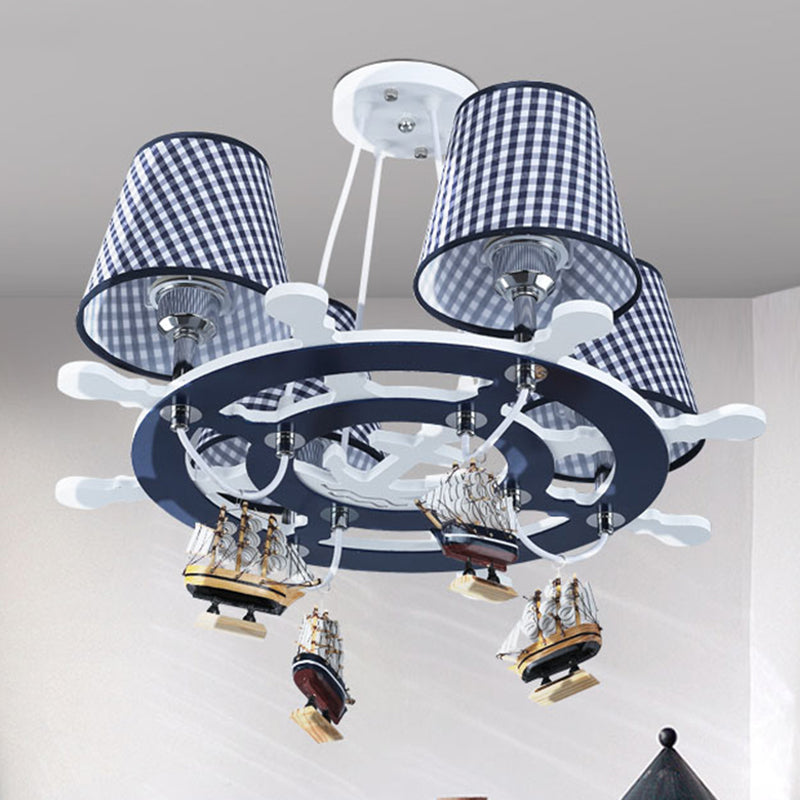 Rudder Chandelier Pendant Light Kids Wooden 4 Heads Blue Hanging Lamp with Boat Decoration