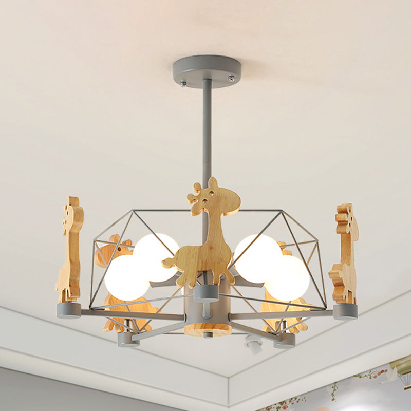 Wooden Giraffe Ceiling Fixture Kids 5 Lights Grey/Pink/Green Semi Flush Mount Light with Star Iron Frame