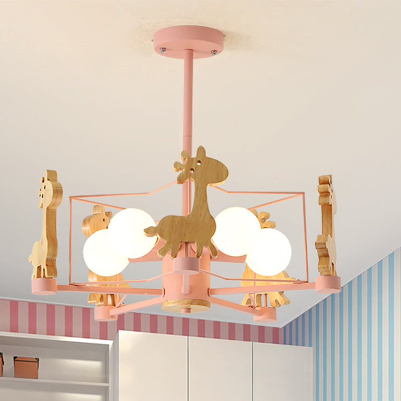 Wooden Giraffe Ceiling Fixture Kids 5 Lights Grey/Pink/Green Semi Flush Mount Light with Star Iron Frame