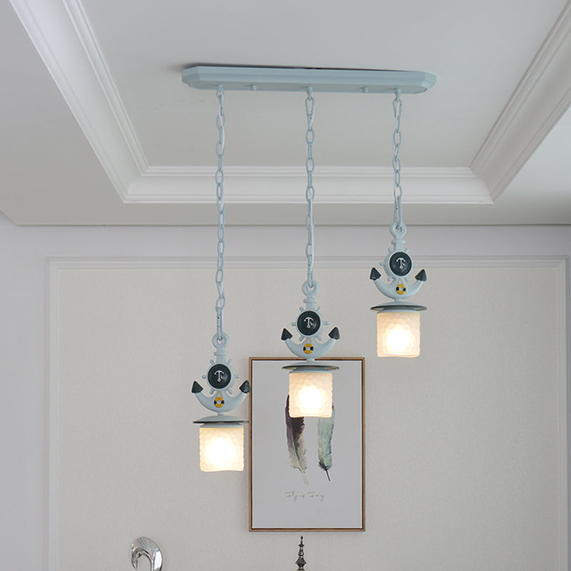 Bambini cluster cilindrici cluster a sospensione luminosa vetro opale 3 lampadine camera da letto giù illuminazione in blu con baldacchino rotondo/lineare