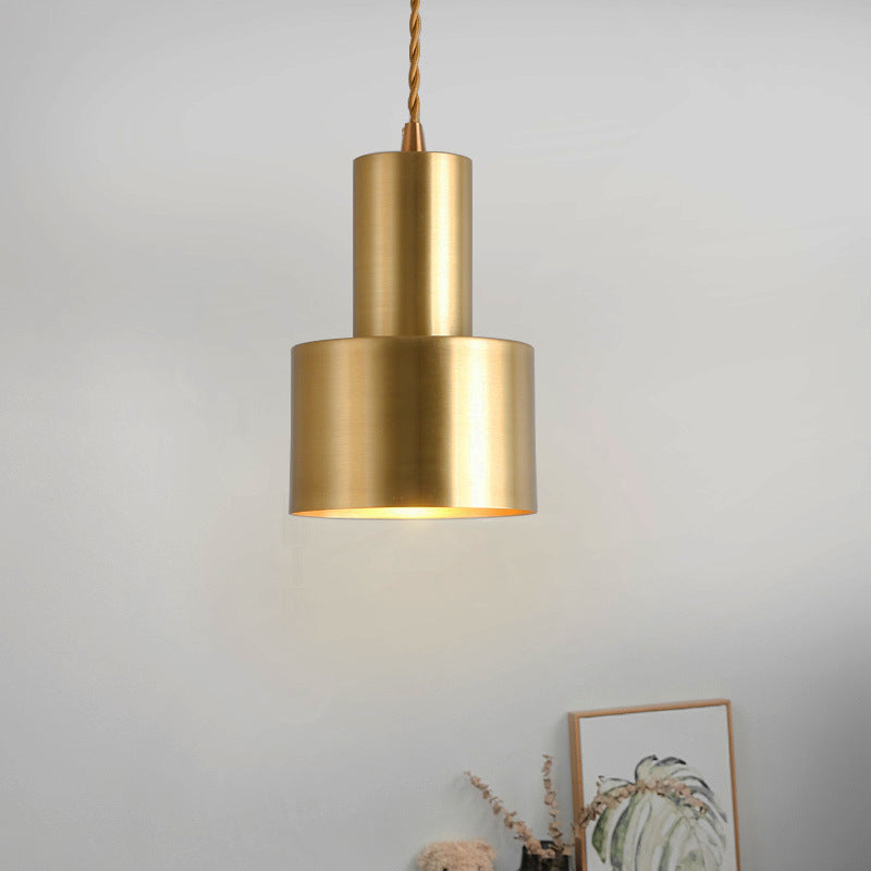 Colonial Cylinder Pendant Light Fixture 1 Bulb Iron Ceiling Suspension Lamp in Gold for Bedroom