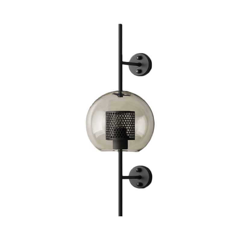 Colonial Sphere Wall Sconce 1 Head Smoke Gray Glass Wall Lighting in Black with Cylinder Wire Mesh Inside, 8"/10" Wide