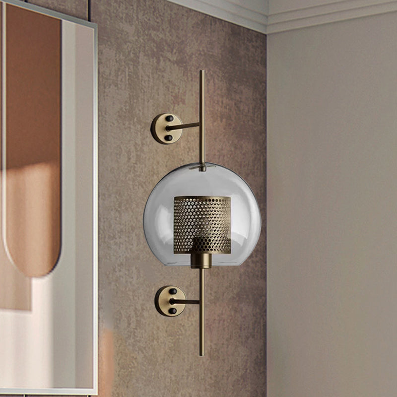 8"/9.5" W Global Bedroom Sconce Light Colonial Clear Glass 1 Light Bronze/Silver Gray Wall Lamp with Inner Cylinder Wire Mesh