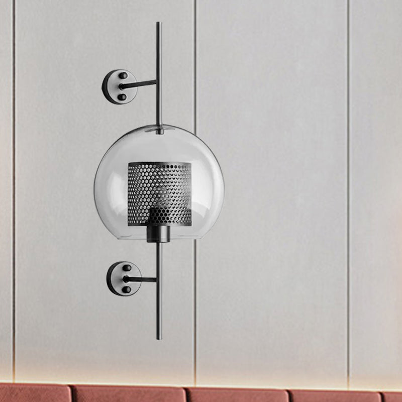 8"/9.5" W Global Bedroom Sconce Light Colonial Clear Glass 1 Light Bronze/Silver Gray Wall Lamp with Inner Cylinder Wire Mesh