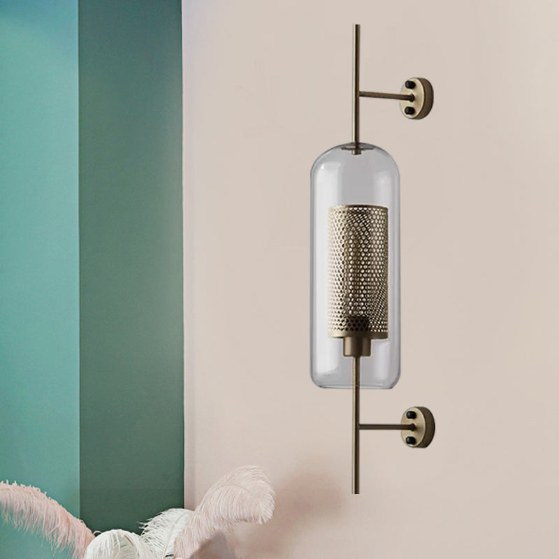 5"/6" W Clear Glass Oval Wall Sconce Colonialism 1 Bulb Bedroom Wall Lighting Fixture with Mesh Screen in Bronze/Silver Gray