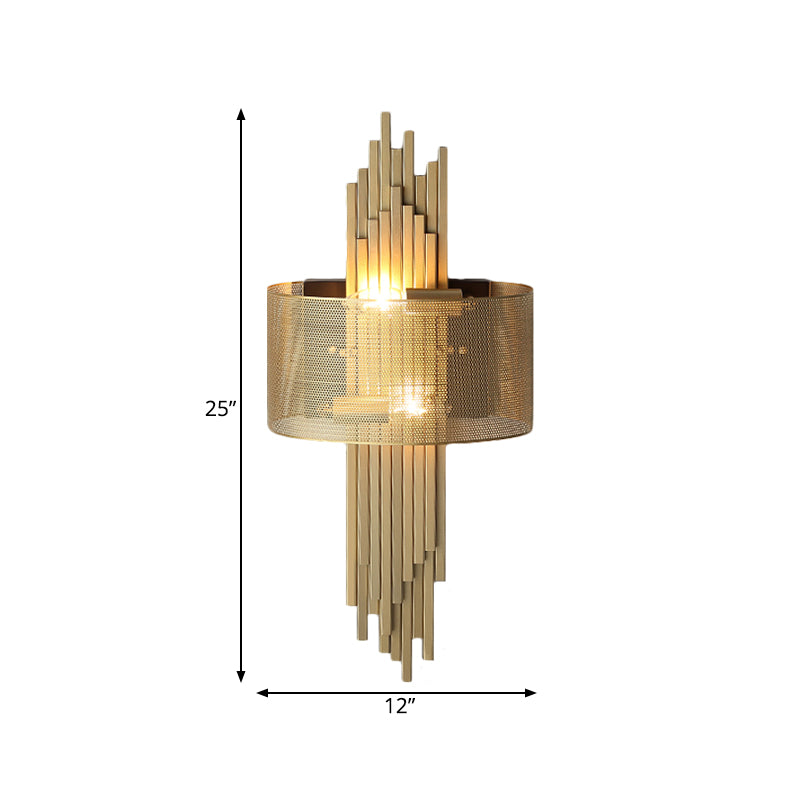 Colonial Linear Wall Lamp Sconce 2 Lights Metal Wall Light Fixture in Gold with Mesh Screen Outside