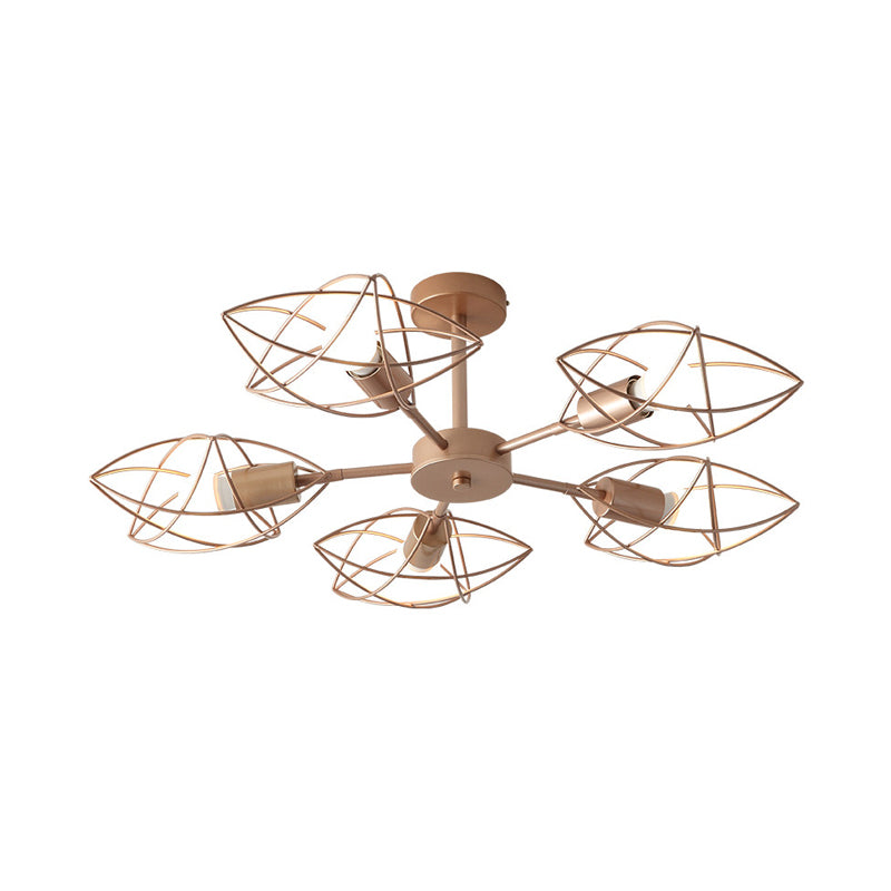 Gold 5-Light Semi Flush Mount Colonial Iron Star Cage Close to Ceiling Lighting Fixture for Bedroom