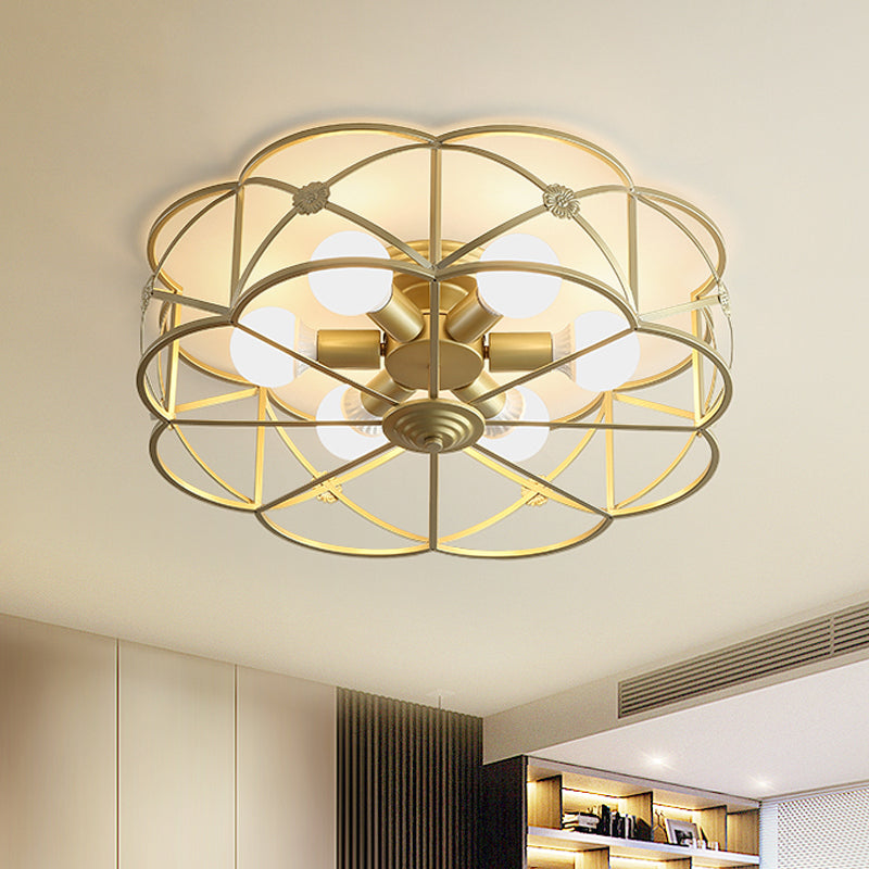Iron Gold Flush Mount Light Scalloped Cage 6 Bulbs Colonialism Ceiling Mounted Fixture for Bedroom
