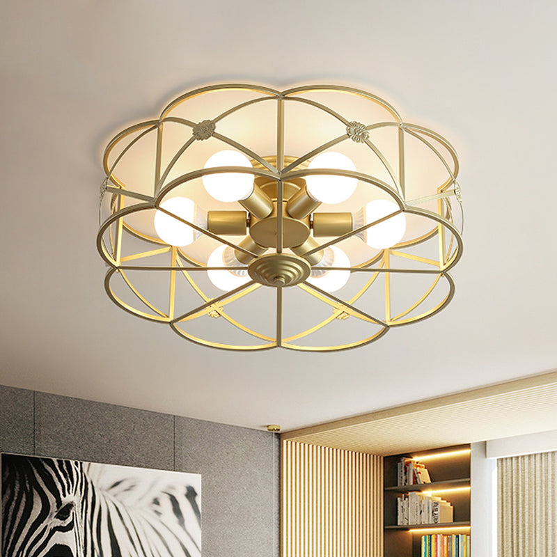 Iron Gold Flush Mount Light Scalloped Cage 6 Bulbs Colonialism Ceiling Mounted Fixture for Bedroom
