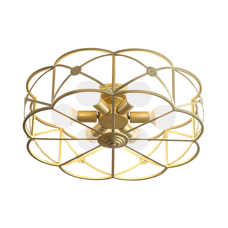 Iron Gold Flush Mount Light Scalloped Cage 6 Bulbs Colonialism Ceiling Mounted Fixture for Bedroom