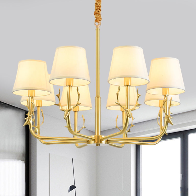 Tapered Fabric Chandelier Colonialism 3/6/8 Lights Living Room Pendant in Gold with Copper Deer Head