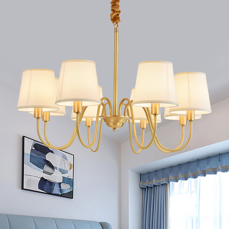 Gold Barrel Pendant Chandelier Colonial Fabric 3/5/8 Bulbs Living Room Ceiling Light with Gooseneck Copper Arm