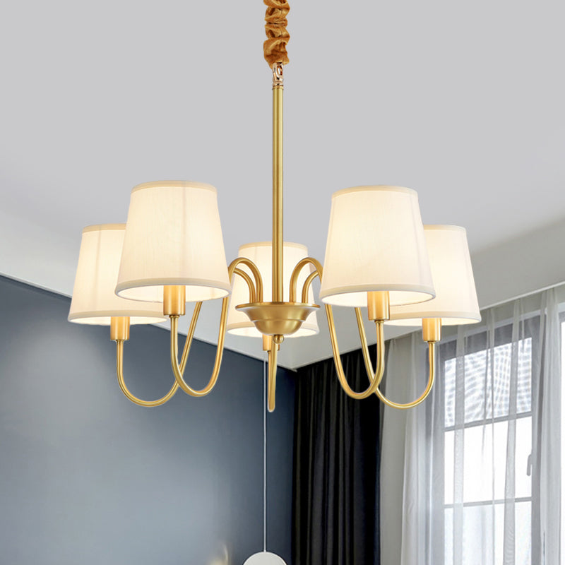 Gold Barrel Pendant Chandelier Colonial Fabric 3/5/8 Bulbs Living Room Ceiling Light with Gooseneck Copper Arm