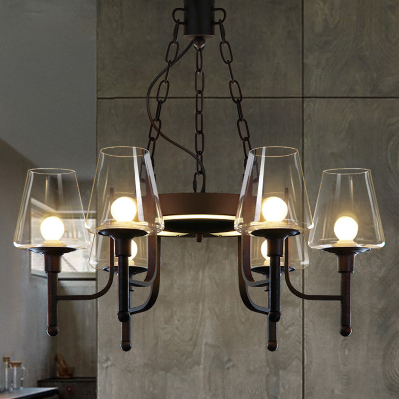Traditionele taps toelopende kroonluchter hanglamp 6 hoofden helder/crème glashangende lamp in roest voor restaurant
