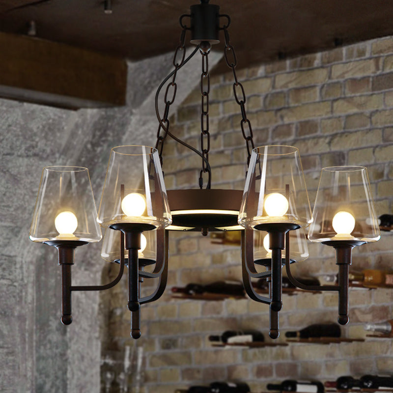 Traditionele taps toelopende kroonluchter hanglamp 6 hoofden helder/crème glashangende lamp in roest voor restaurant