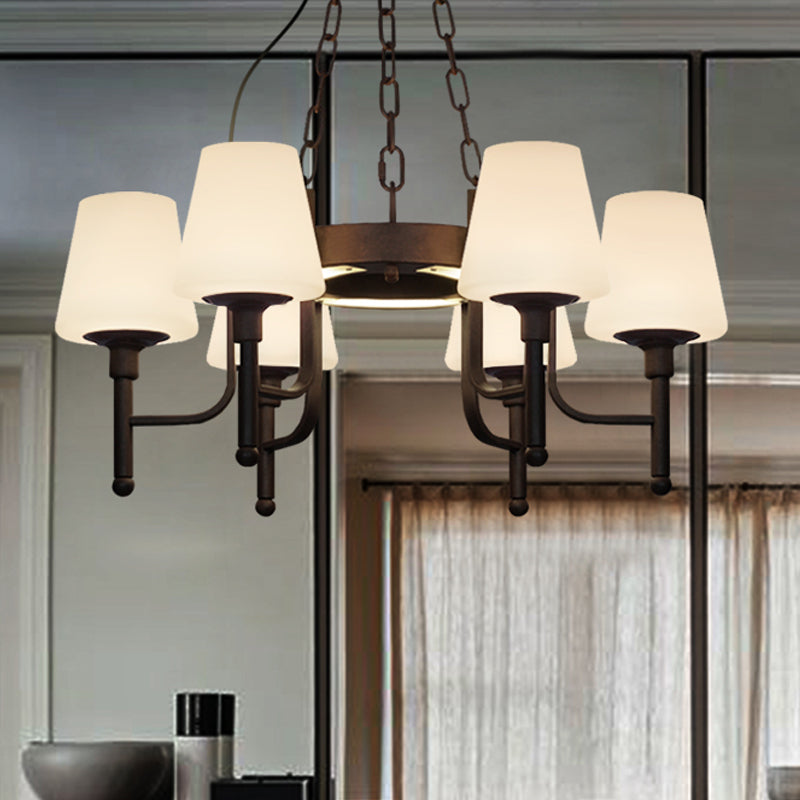 Traditionele taps toelopende kroonluchter hanglamp 6 hoofden helder/crème glashangende lamp in roest voor restaurant